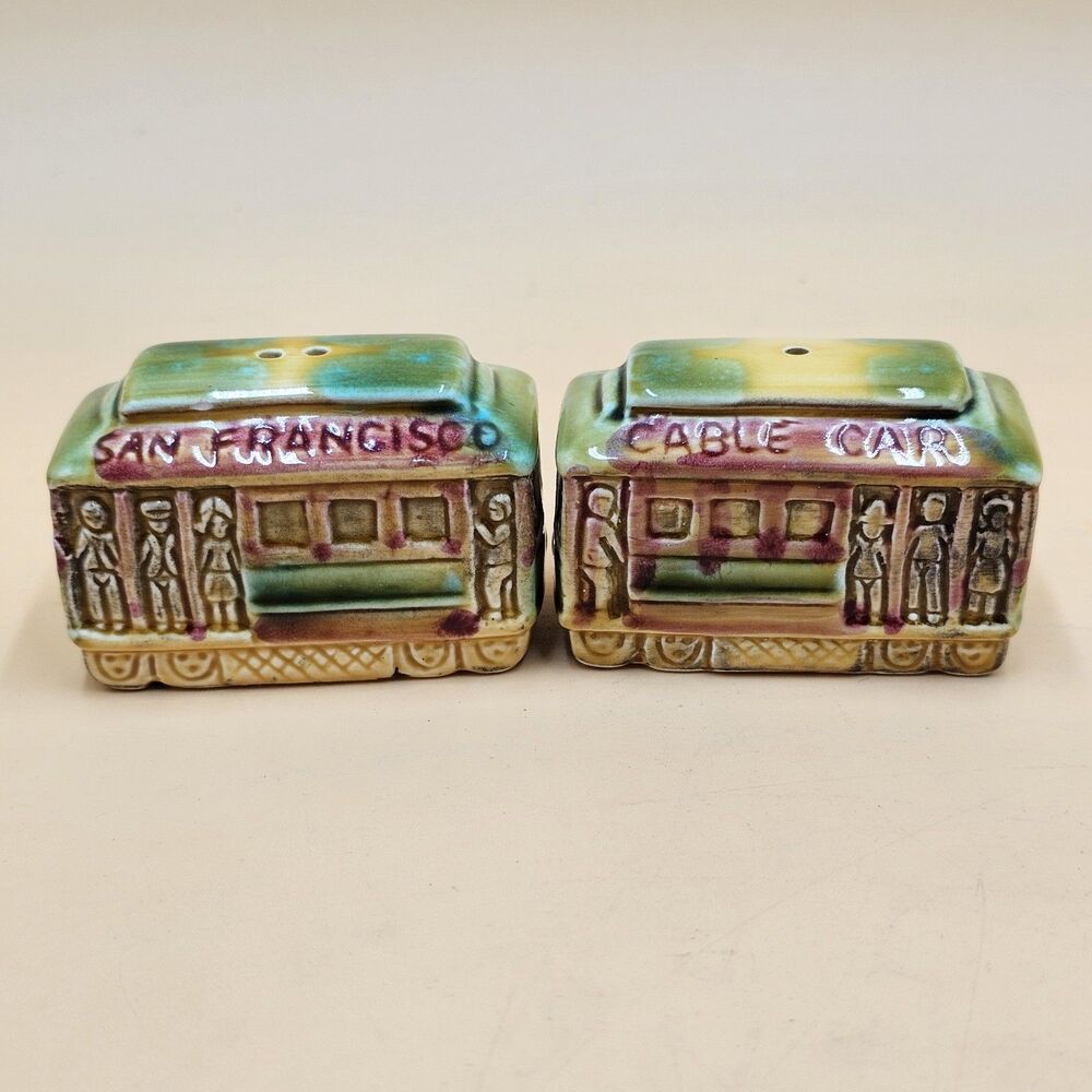 Vintage San Francisco Cable Street Car Salt & Pepper Shakers Ceramic Japan 2"